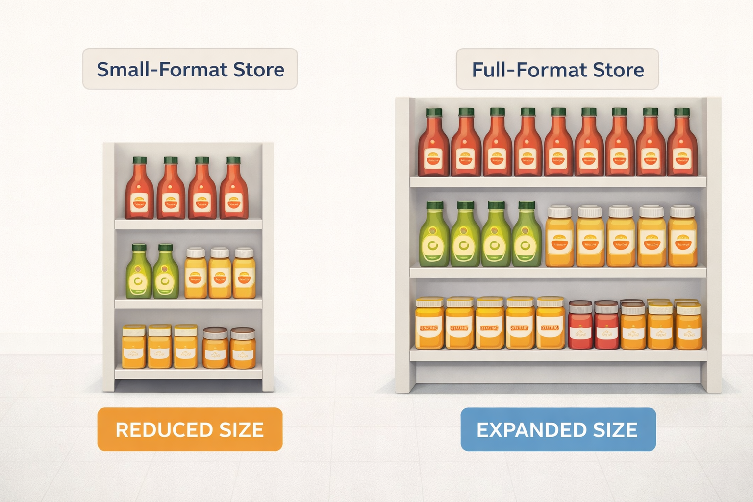 A format variation visual showing how the same category might look in a small-format vs full-format store.