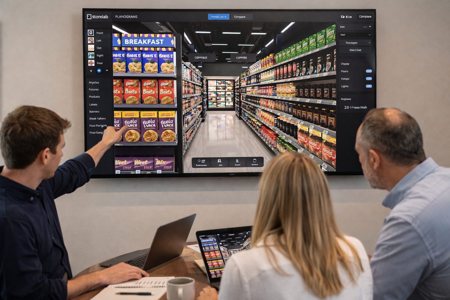 Near the evaluation section a photo of a collaborative planning session using virtual store software