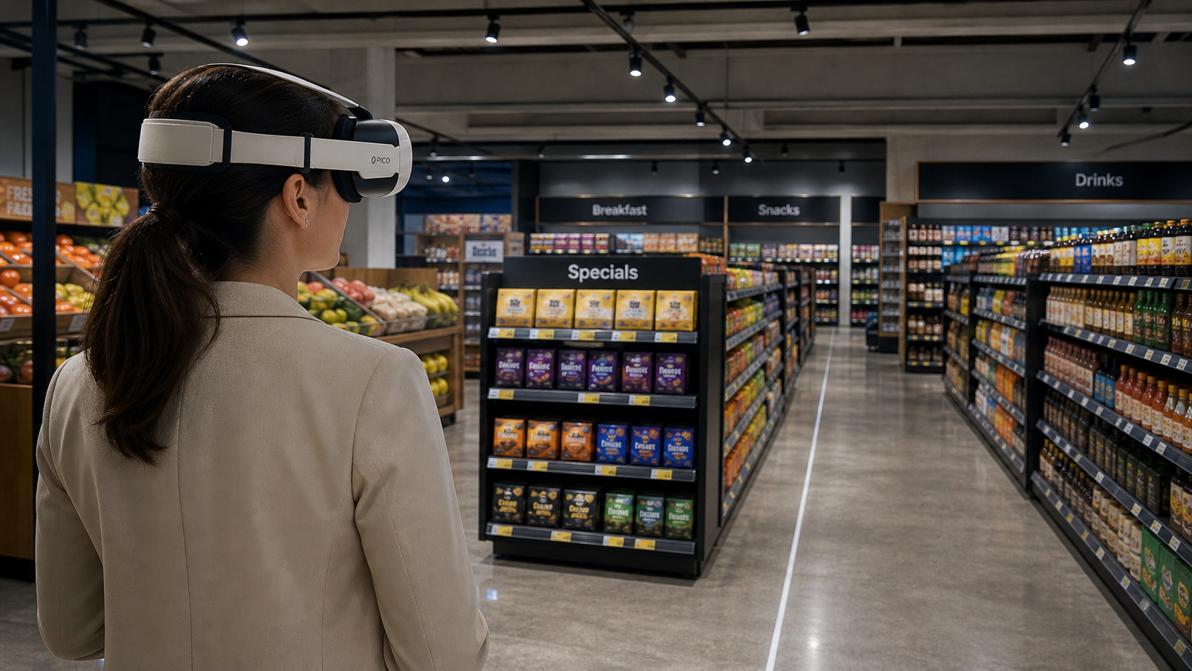 A high-quality VR walkthrough still showing a stakeholder reviewing a store layout in immersive form.