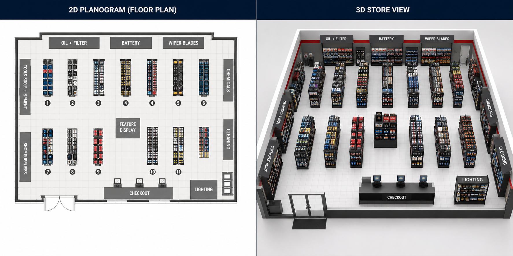 Store floor plan vs 3D model comparison