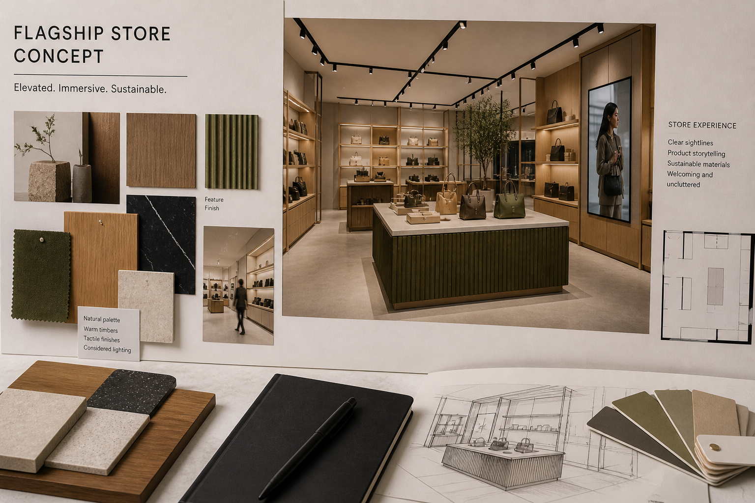 render or photograph of a flagship store concept stage (mood board, fixture render, or material selection). Establishes the creative-direction tone for the section.