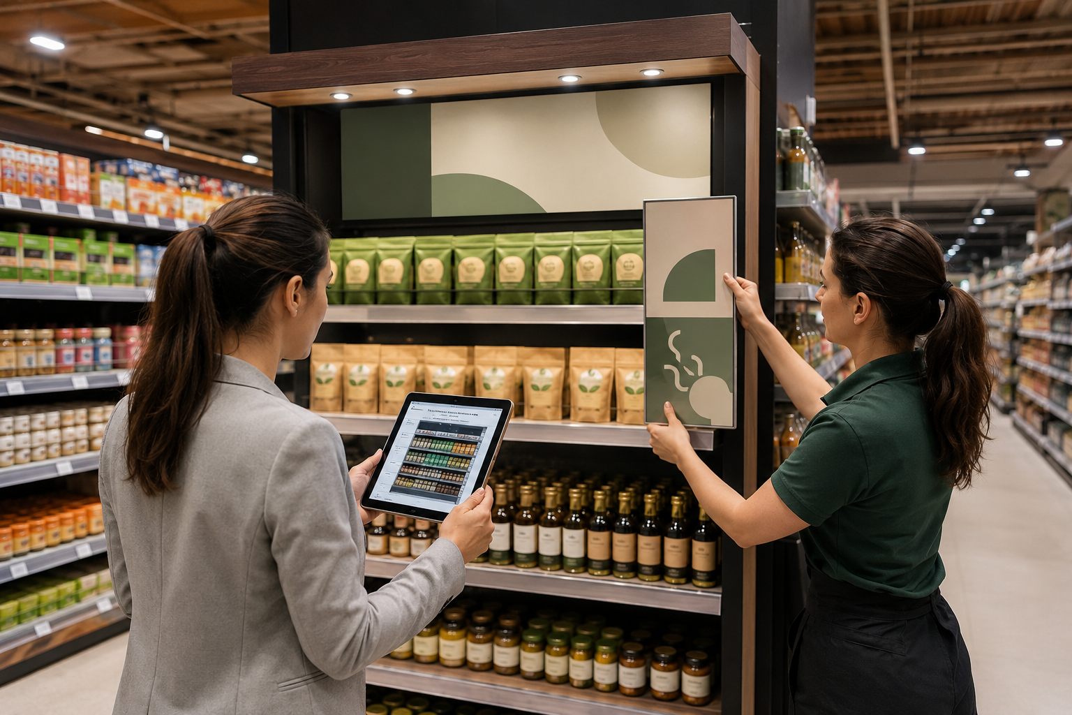 Enterprise Software Platform Modern supermarket shelf display in focus