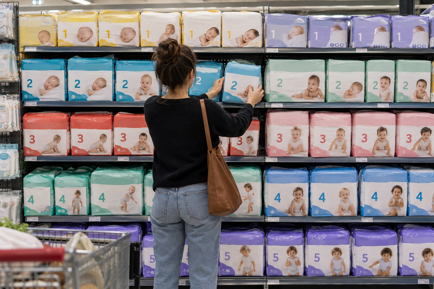 Shopper choosing a nappy size from an organised supermarket shelf