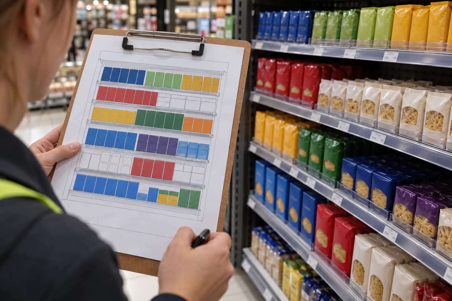 A printed shelf plan is held beside a corresponding supermarket display