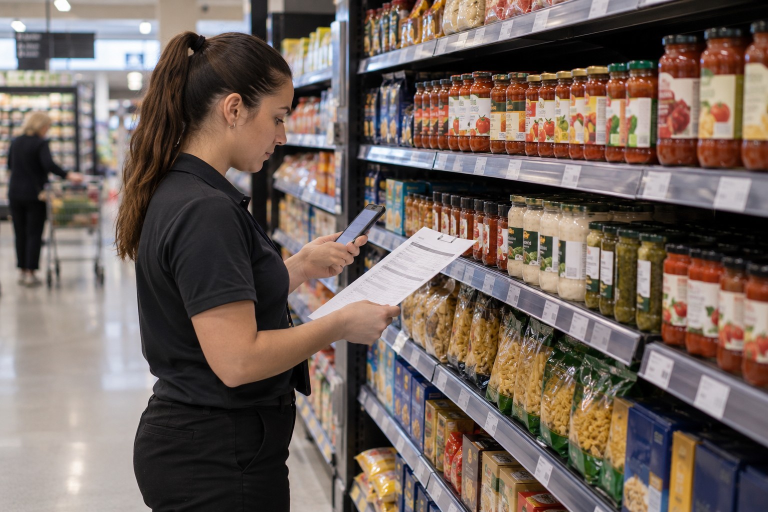 A field auditor checks shelf facings against a printed checklist