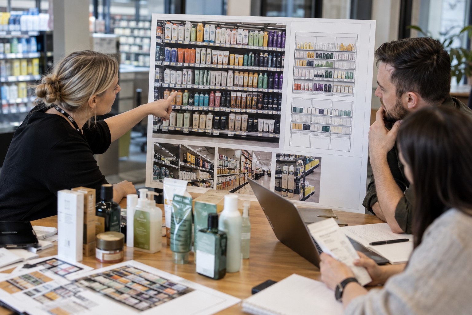 A category team reviews a tested shelf layout