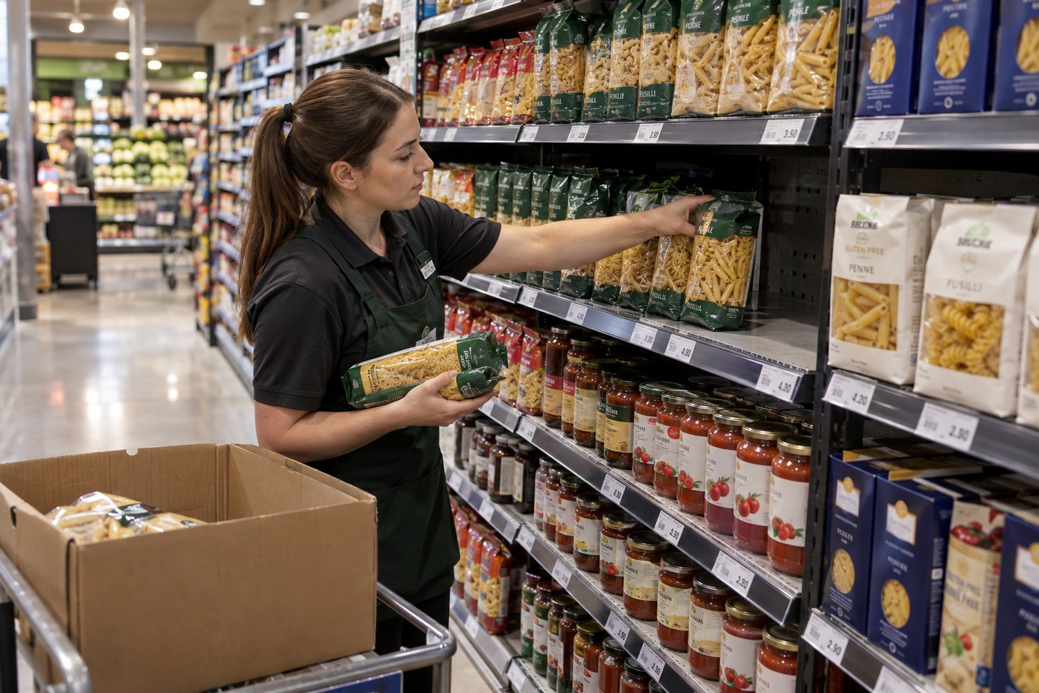 Supermarket worker replenishing fast-selling pasta beside a niche gluten-free line