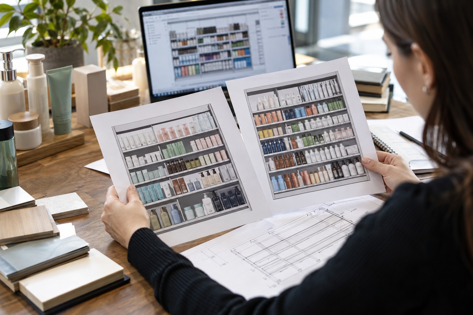 Retail planners compare printed shelf schematics and product samples