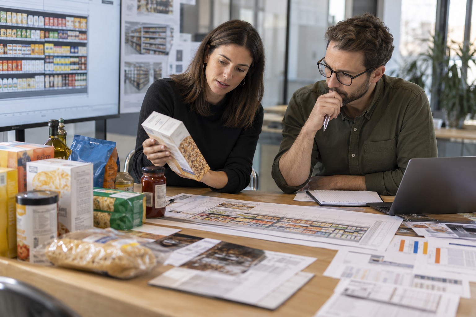 Category planners review packs and fixture plans at a table