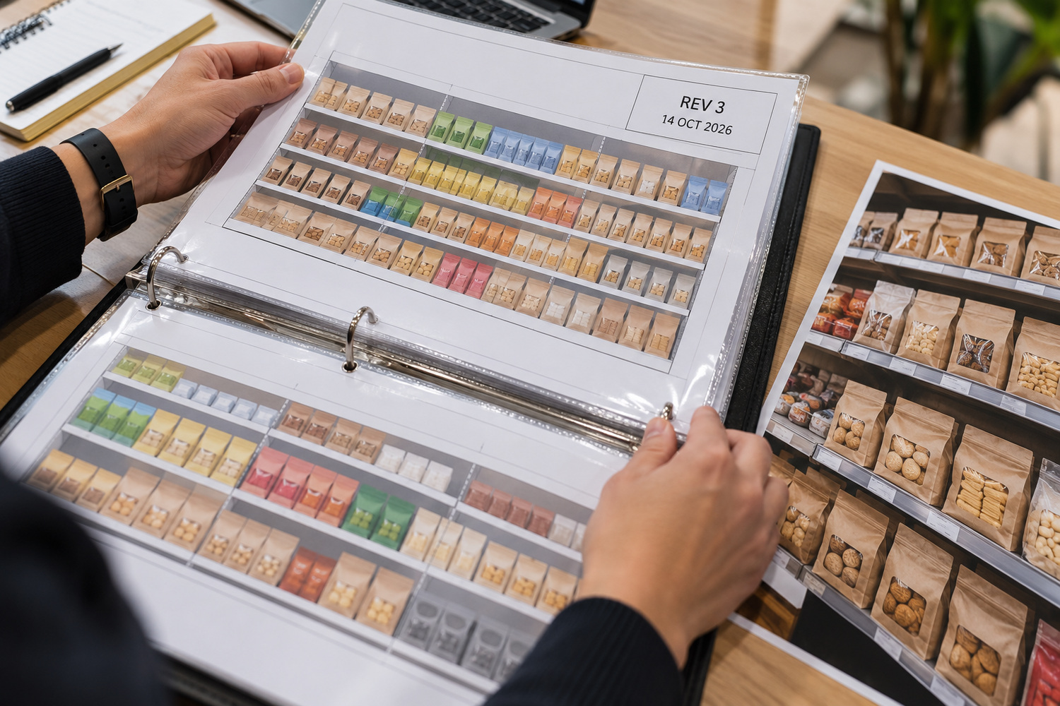Hands hold a ring binder containing shelf plans, with a revision number and date on the upper page.