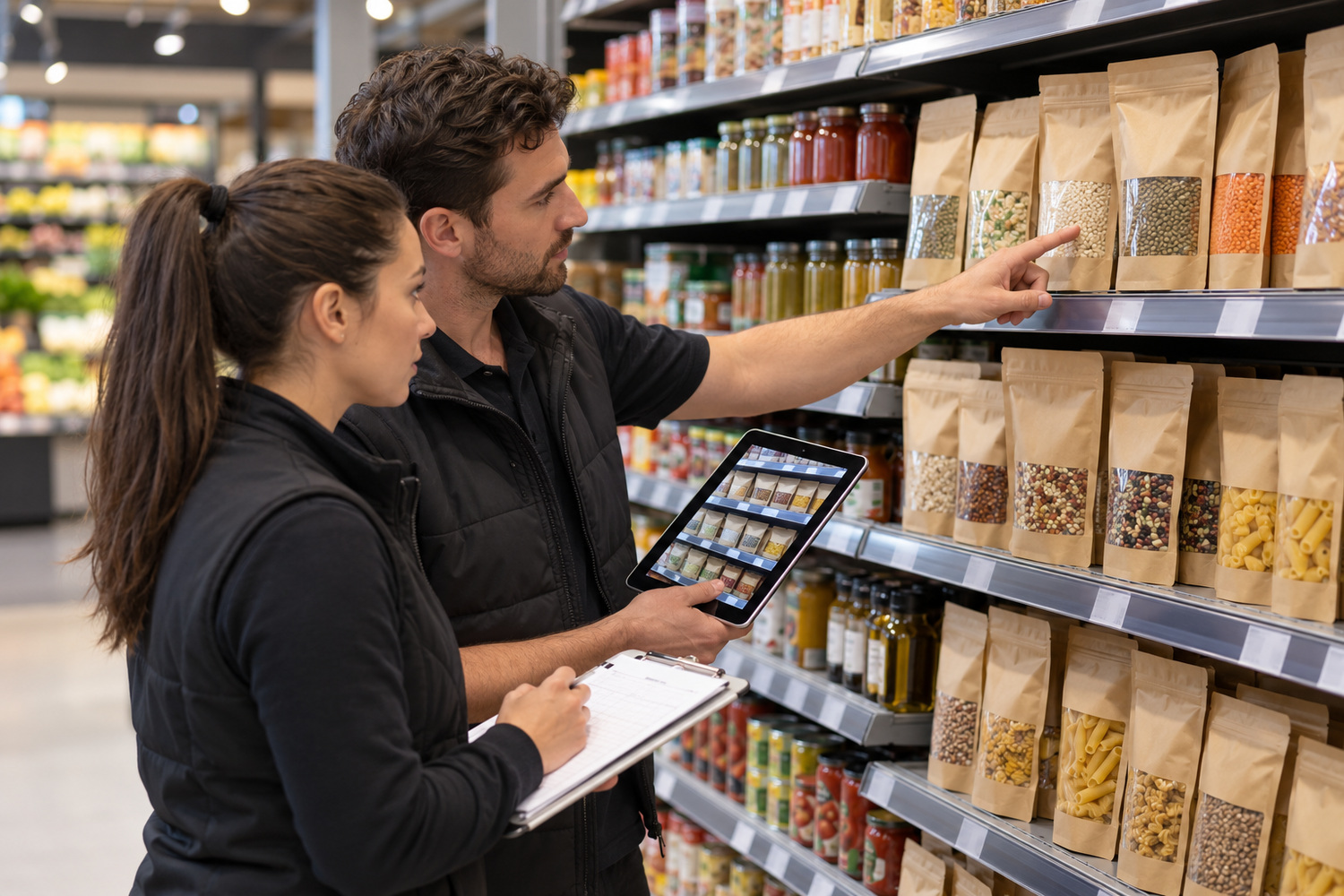 Two field auditors discuss a shelf position using a tablet photograph and clipboard.