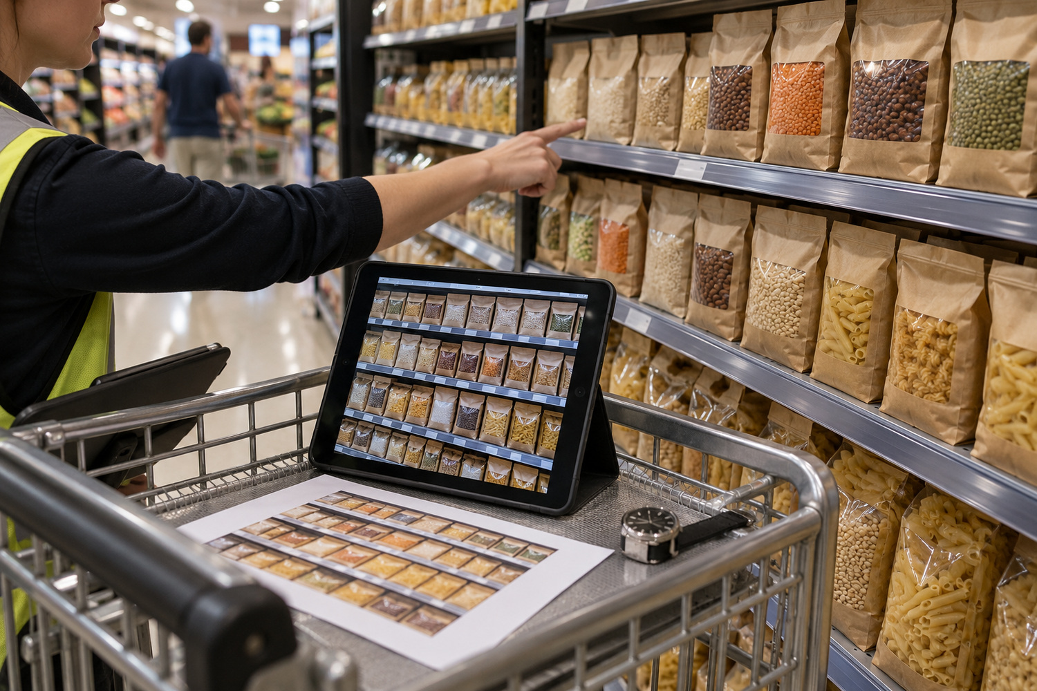 A tablet showing a shelf photograph sits beside a printed plan and watch while an auditor points to the display.