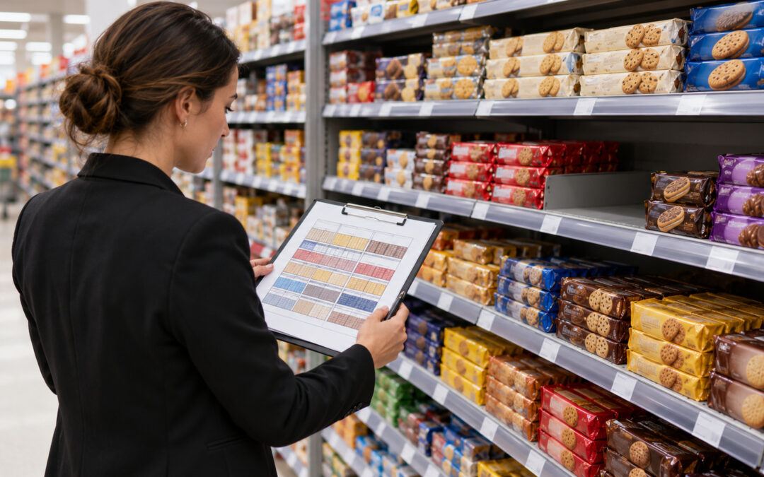 A retail manager compares a printed shelf plan with biscuit displays in a supermarket aisle.