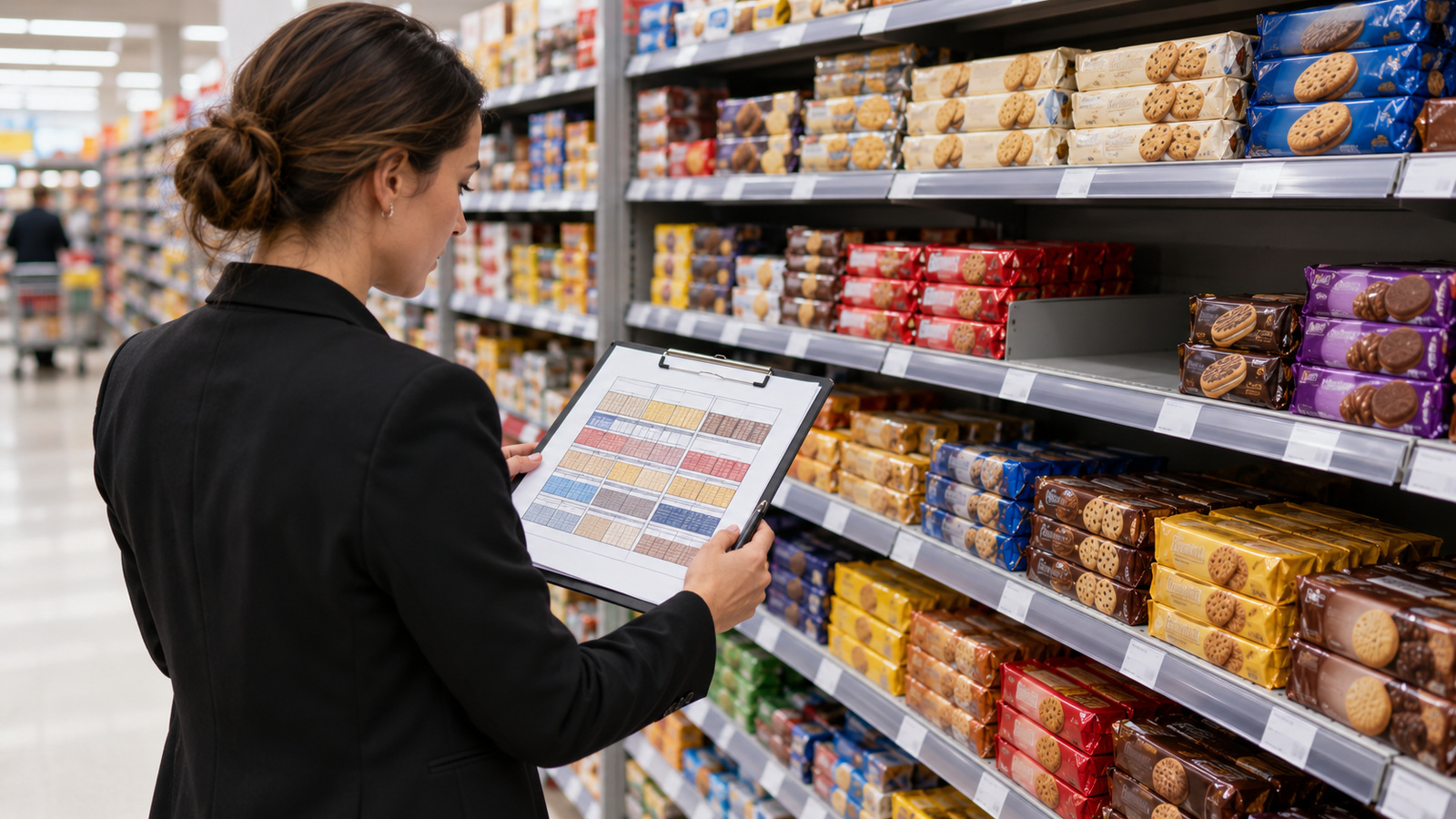 A retail manager compares a printed shelf plan with biscuit displays in a supermarket aisle.