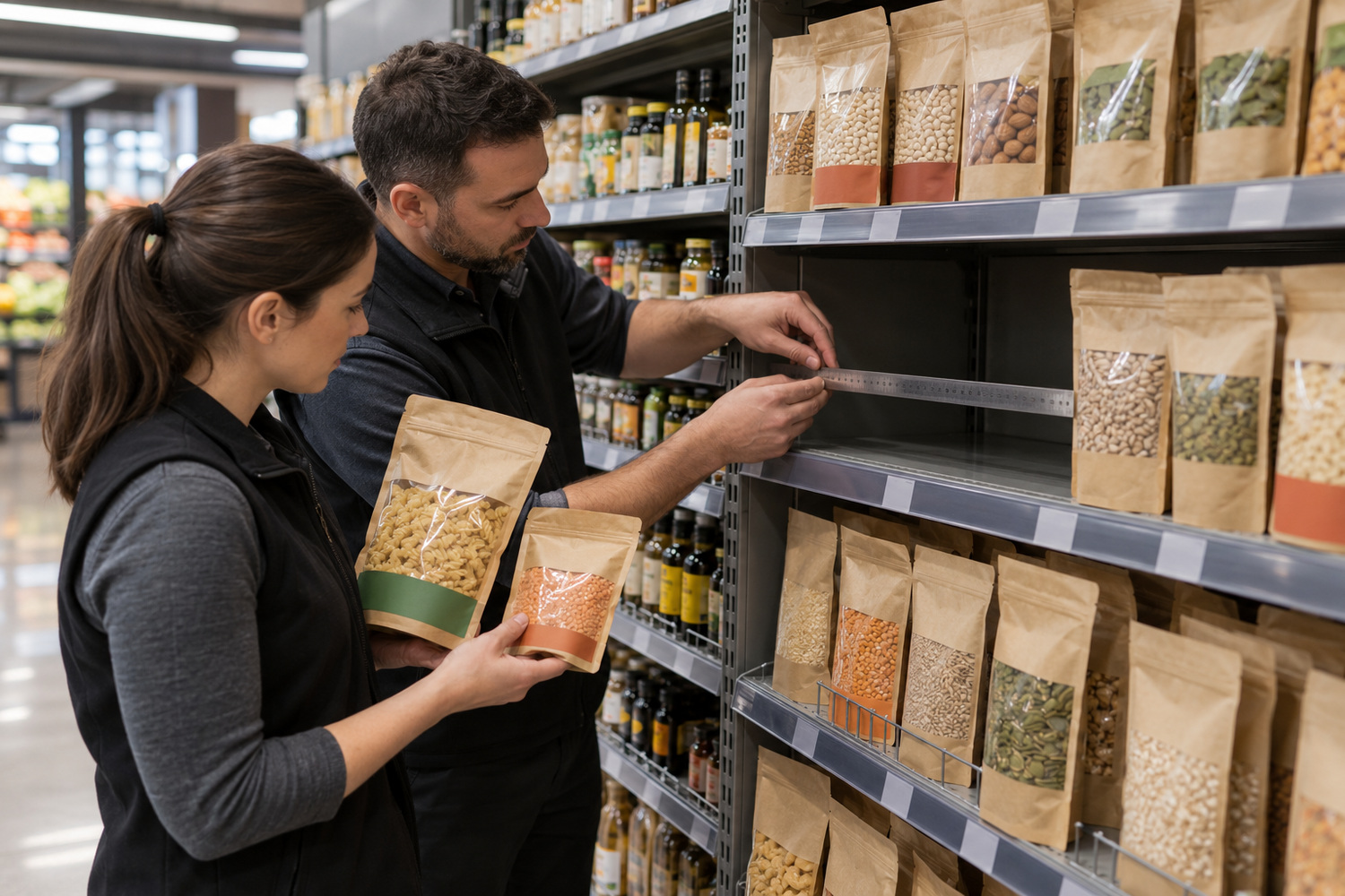 Retail staff measure an empty shelf position and compare two different food packet sizes.