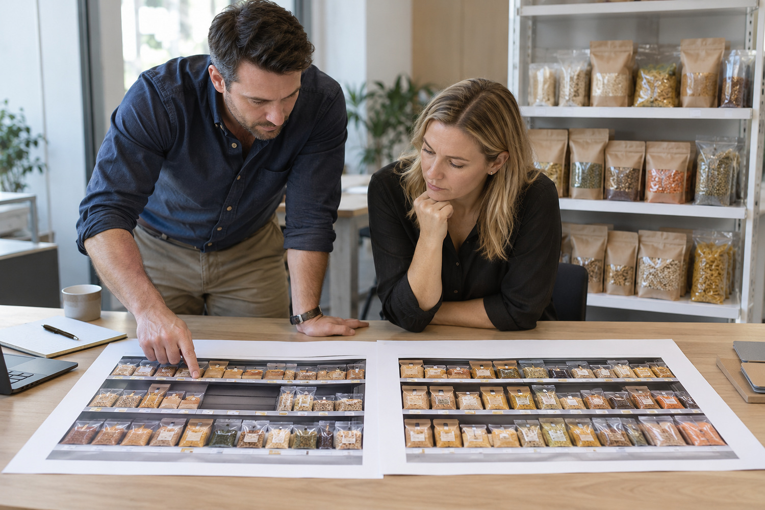 Two category planners compare printed shelf photographs showing a gap and a revised arrangement.