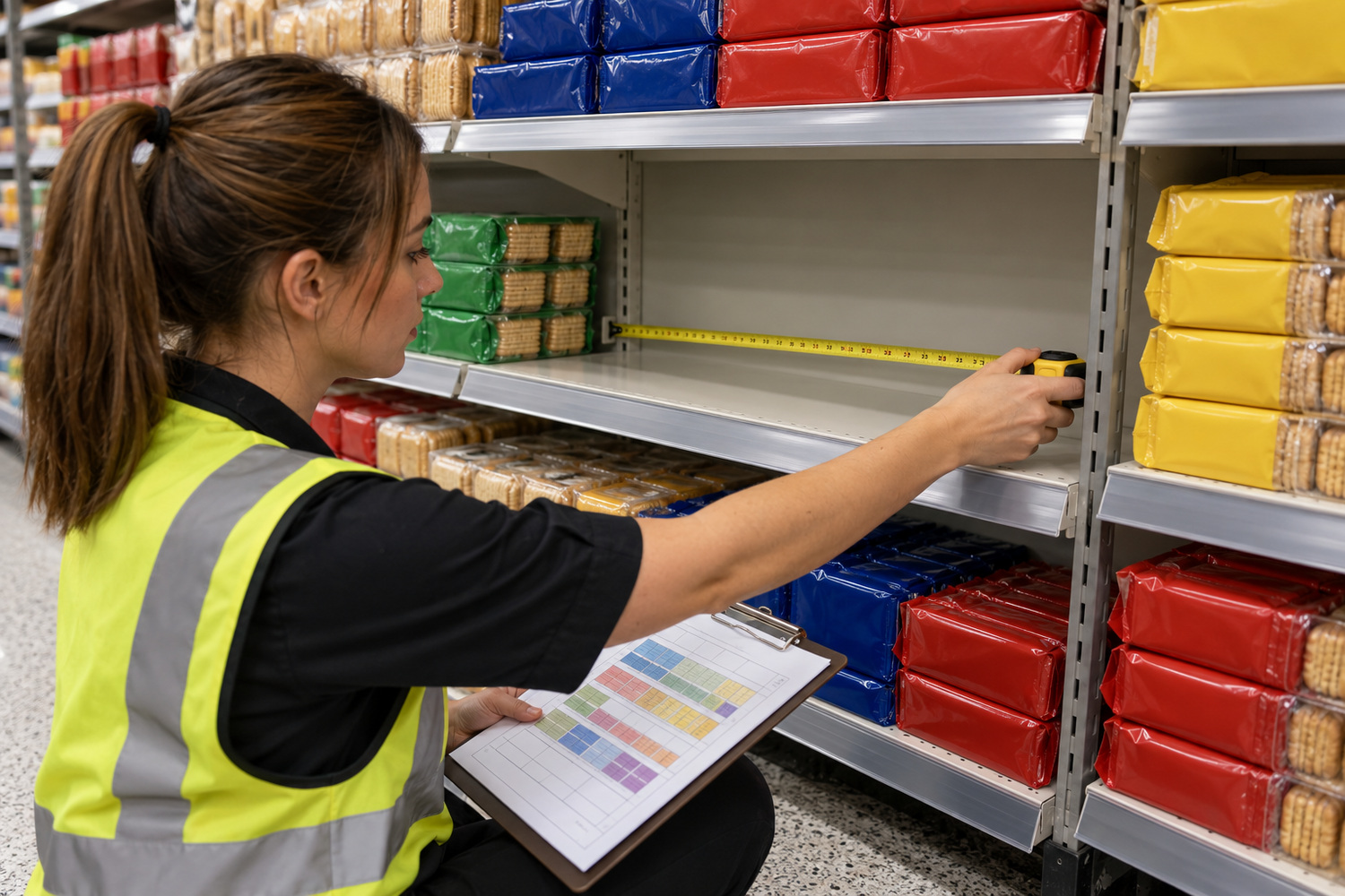 A merchandiser measures the width of an empty shelf space while holding a printed planogram.