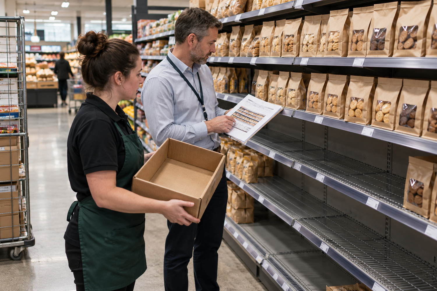 A staff member holds an empty stock carton beside depleted shelving while a colleague reviews the shelf plan.